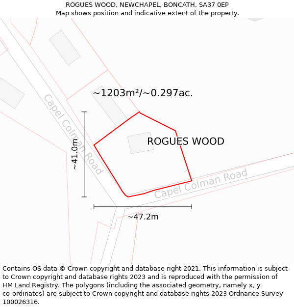 ROGUES WOOD, NEWCHAPEL, BONCATH, SA37 0EP: Plot and title map