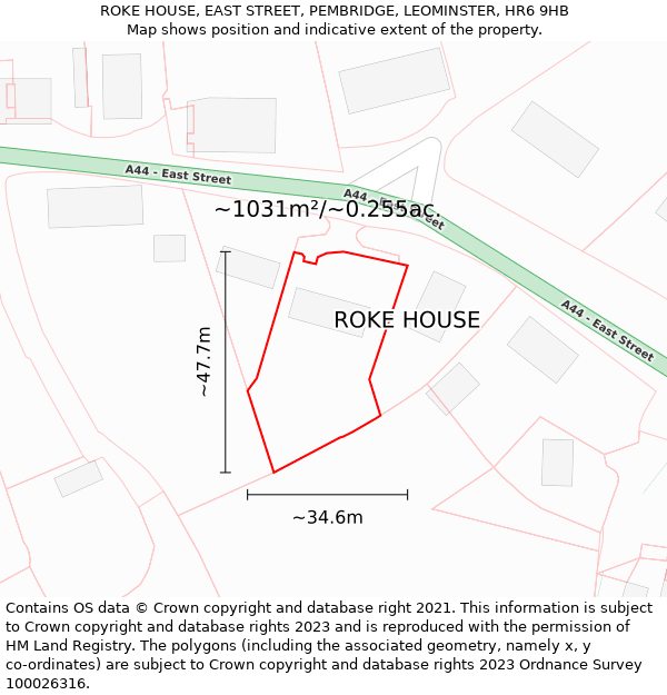 ROKE HOUSE, EAST STREET, PEMBRIDGE, LEOMINSTER, HR6 9HB: Plot and title map