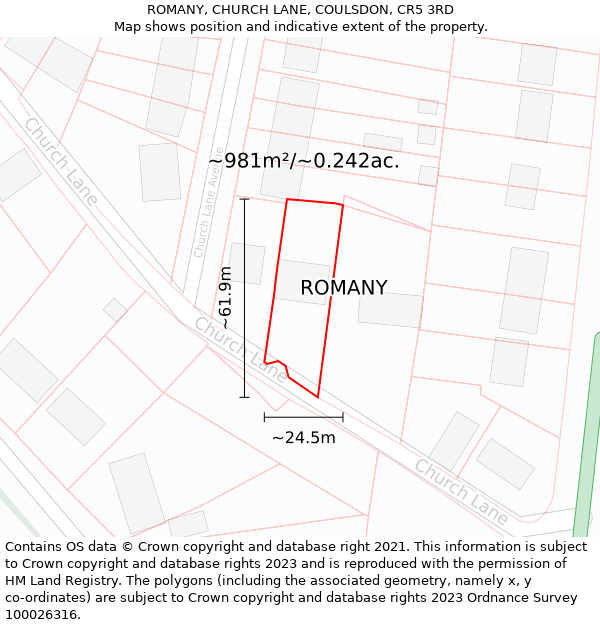 ROMANY, CHURCH LANE, COULSDON, CR5 3RD: Plot and title map