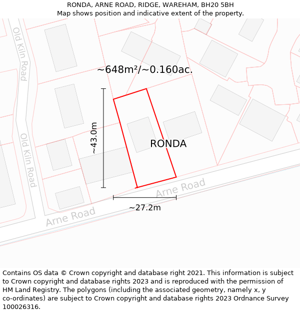 RONDA, ARNE ROAD, RIDGE, WAREHAM, BH20 5BH: Plot and title map