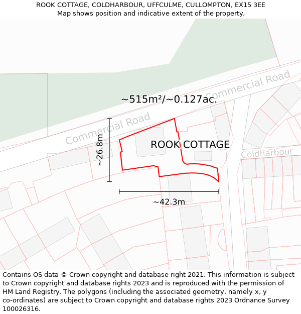 ROOK COTTAGE, COLDHARBOUR, UFFCULME, CULLOMPTON, EX15 3EE: Plot and title map