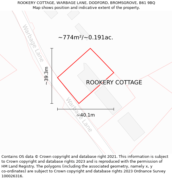 ROOKERY COTTAGE, WARBAGE LANE, DODFORD, BROMSGROVE, B61 9BQ: Plot and title map