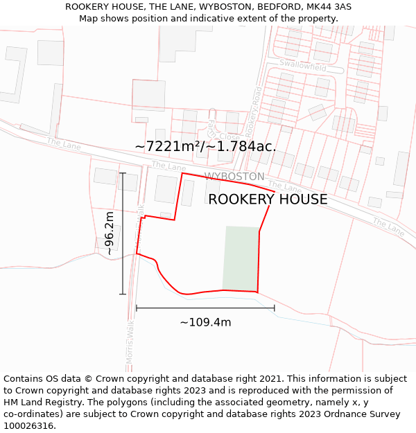 ROOKERY HOUSE, THE LANE, WYBOSTON, BEDFORD, MK44 3AS: Plot and title map