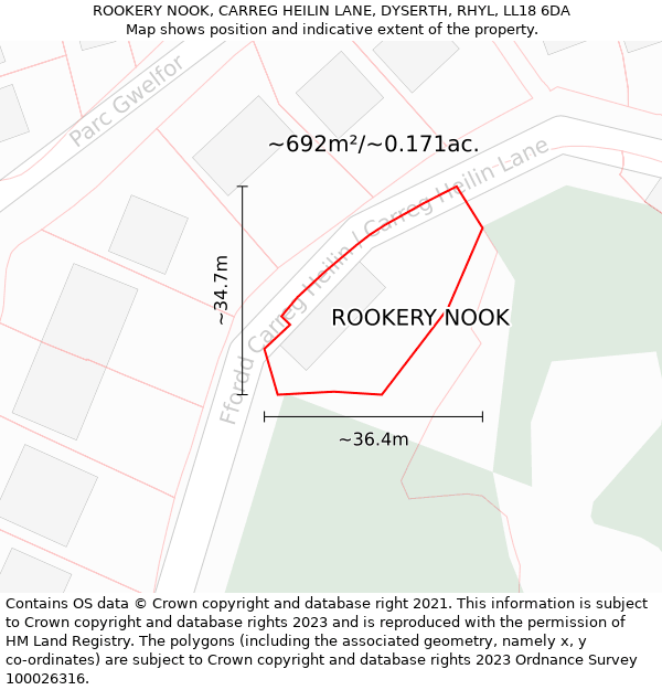 ROOKERY NOOK, CARREG HEILIN LANE, DYSERTH, RHYL, LL18 6DA: Plot and title map