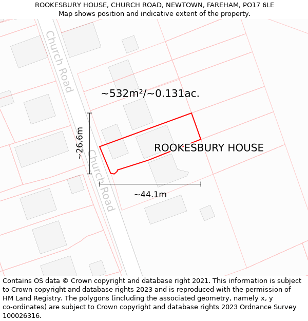 ROOKESBURY HOUSE, CHURCH ROAD, NEWTOWN, FAREHAM, PO17 6LE: Plot and title map