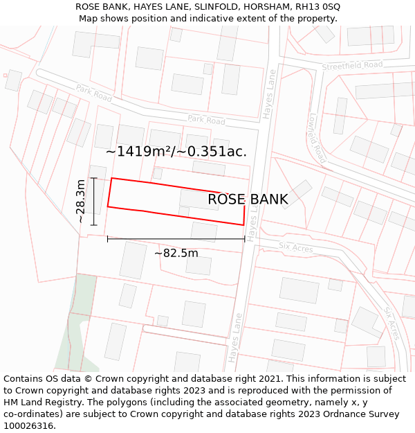 ROSE BANK, HAYES LANE, SLINFOLD, HORSHAM, RH13 0SQ: Plot and title map