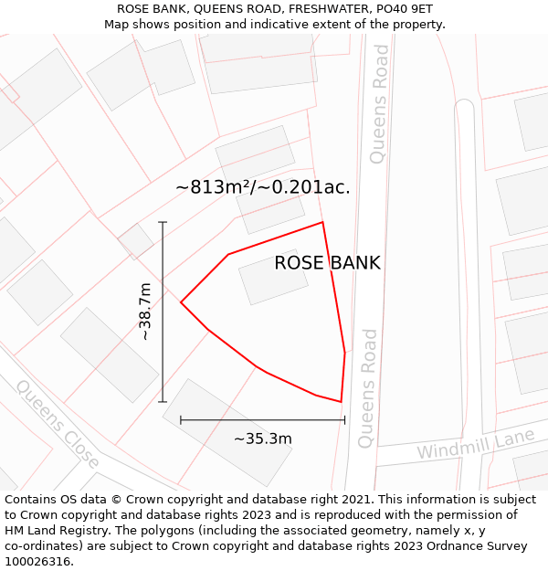 ROSE BANK, QUEENS ROAD, FRESHWATER, PO40 9ET: Plot and title map