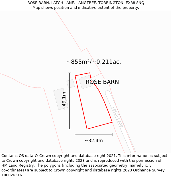 ROSE BARN, LATCH LANE, LANGTREE, TORRINGTON, EX38 8NQ: Plot and title map