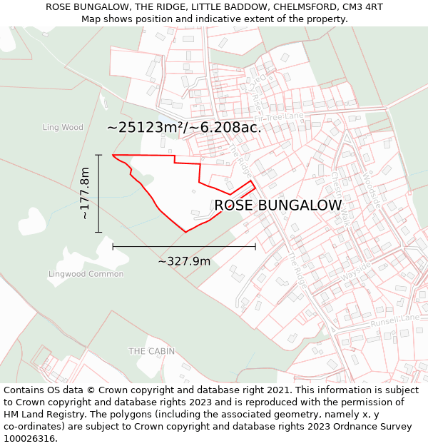ROSE BUNGALOW, THE RIDGE, LITTLE BADDOW, CHELMSFORD, CM3 4RT: Plot and title map