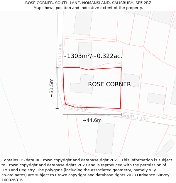 ROSE CORNER, SOUTH LANE, NOMANSLAND, SALISBURY, SP5 2BZ: Plot and title map