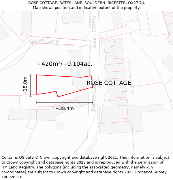 ROSE COTTAGE, BATES LANE, SOULDERN, BICESTER, OX27 7JU: Plot and title map