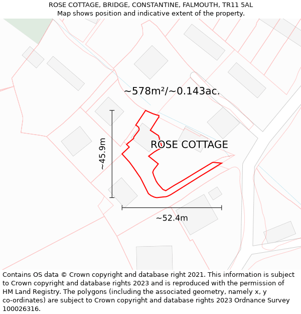 ROSE COTTAGE, BRIDGE, CONSTANTINE, FALMOUTH, TR11 5AL: Plot and title map