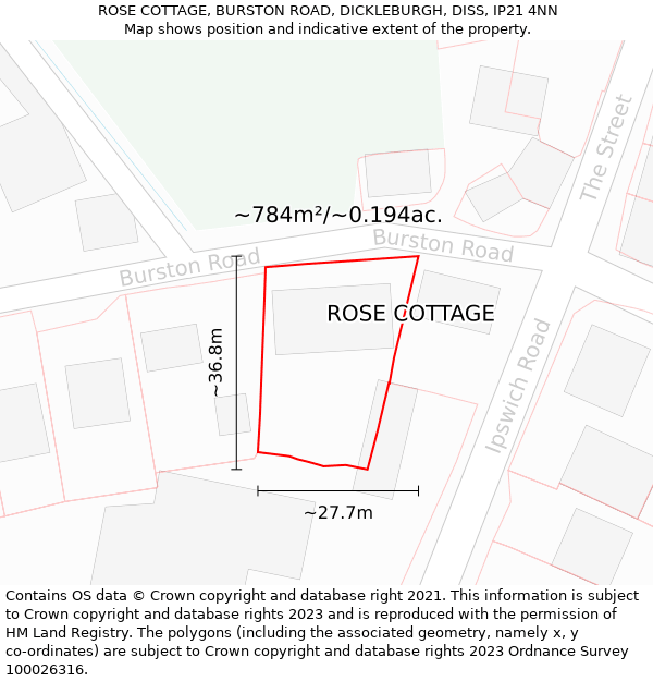 ROSE COTTAGE, BURSTON ROAD, DICKLEBURGH, DISS, IP21 4NN: Plot and title map