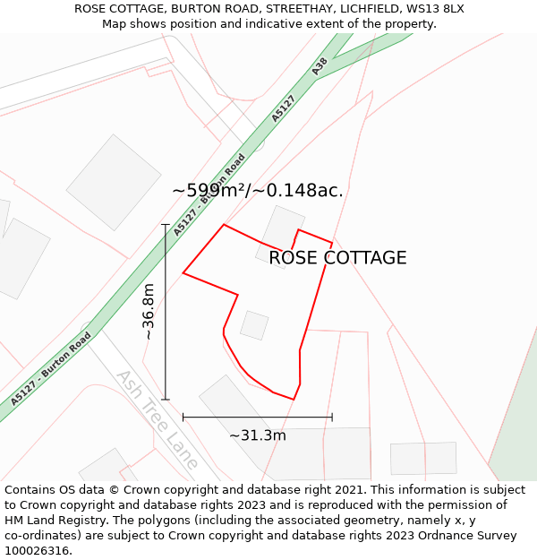 ROSE COTTAGE, BURTON ROAD, STREETHAY, LICHFIELD, WS13 8LX: Plot and title map