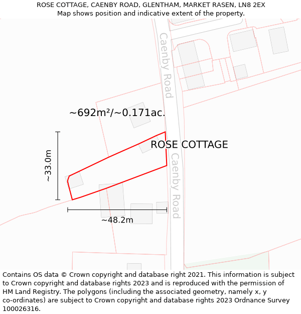 ROSE COTTAGE, CAENBY ROAD, GLENTHAM, MARKET RASEN, LN8 2EX: Plot and title map