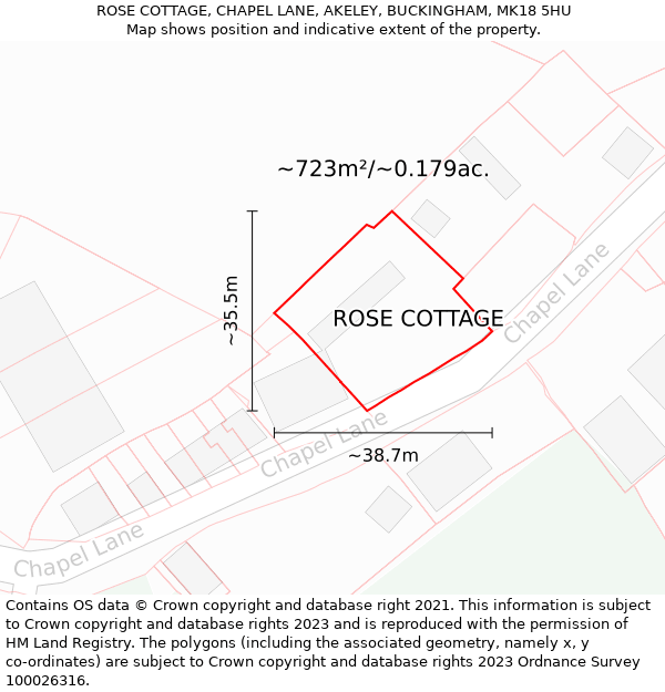 ROSE COTTAGE, CHAPEL LANE, AKELEY, BUCKINGHAM, MK18 5HU: Plot and title map