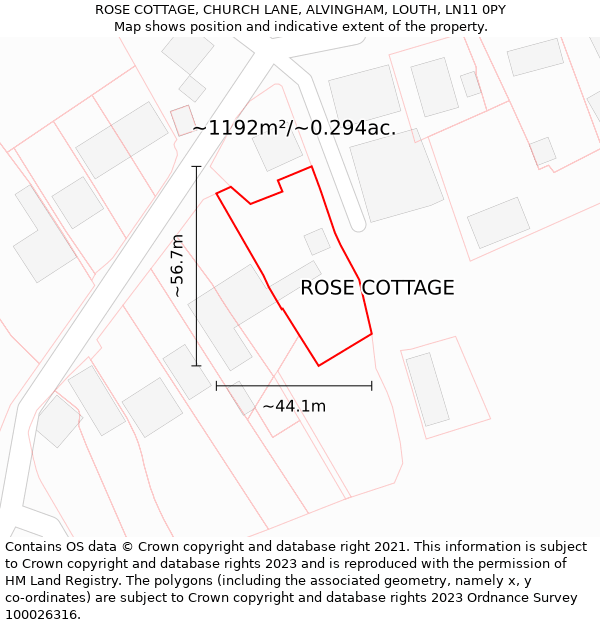 ROSE COTTAGE, CHURCH LANE, ALVINGHAM, LOUTH, LN11 0PY: Plot and title map