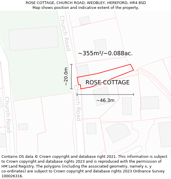 ROSE COTTAGE, CHURCH ROAD, WEOBLEY, HEREFORD, HR4 8SD: Plot and title map