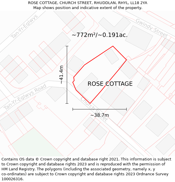 ROSE COTTAGE, CHURCH STREET, RHUDDLAN, RHYL, LL18 2YA: Plot and title map