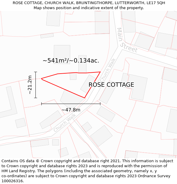 ROSE COTTAGE, CHURCH WALK, BRUNTINGTHORPE, LUTTERWORTH, LE17 5QH: Plot and title map