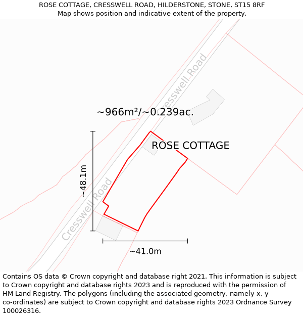 ROSE COTTAGE, CRESSWELL ROAD, HILDERSTONE, STONE, ST15 8RF: Plot and title map