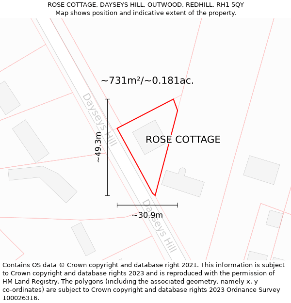 ROSE COTTAGE, DAYSEYS HILL, OUTWOOD, REDHILL, RH1 5QY: Plot and title map