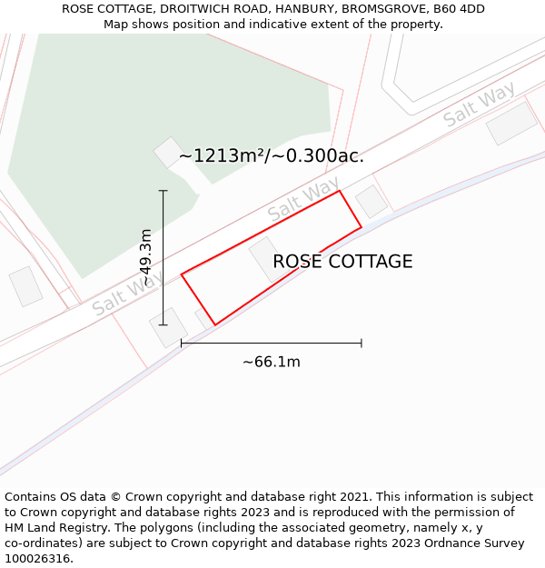 ROSE COTTAGE, DROITWICH ROAD, HANBURY, BROMSGROVE, B60 4DD: Plot and title map