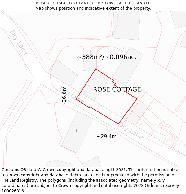ROSE COTTAGE, DRY LANE, CHRISTOW, EXETER, EX6 7PE: Plot and title map