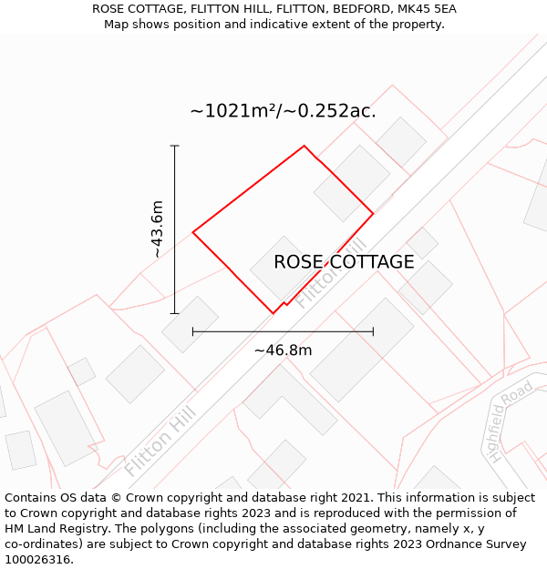 ROSE COTTAGE, FLITTON HILL, FLITTON, BEDFORD, MK45 5EA: Plot and title map