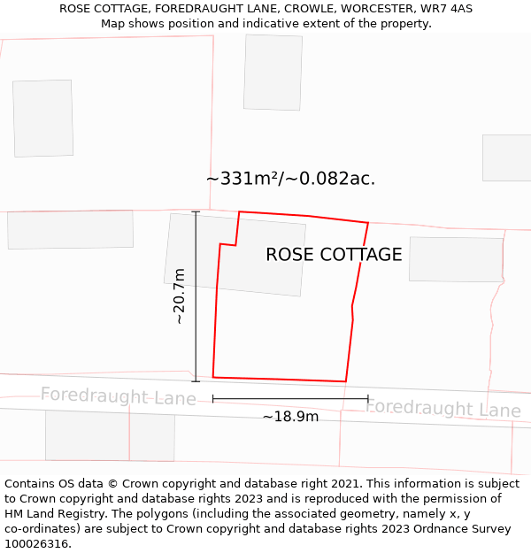 ROSE COTTAGE, FOREDRAUGHT LANE, CROWLE, WORCESTER, WR7 4AS: Plot and title map