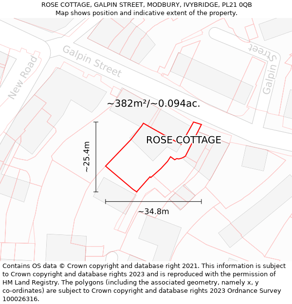 ROSE COTTAGE, GALPIN STREET, MODBURY, IVYBRIDGE, PL21 0QB: Plot and title map