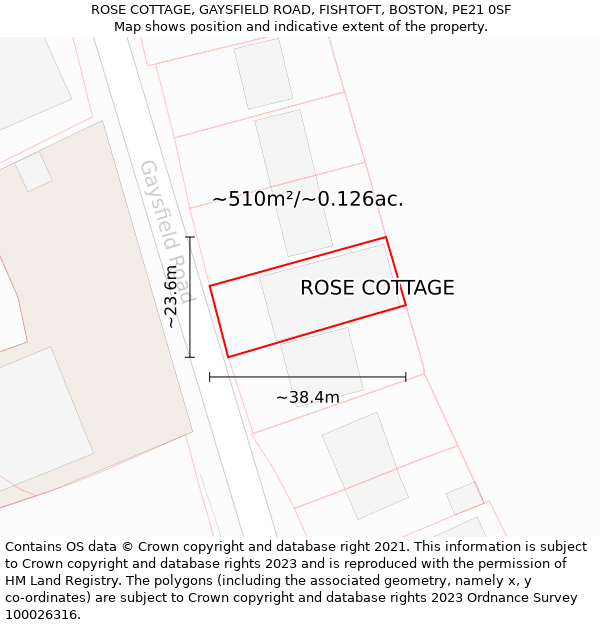 ROSE COTTAGE, GAYSFIELD ROAD, FISHTOFT, BOSTON, PE21 0SF: Plot and title map