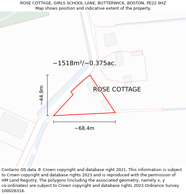 ROSE COTTAGE, GIRLS SCHOOL LANE, BUTTERWICK, BOSTON, PE22 0HZ: Plot and title map