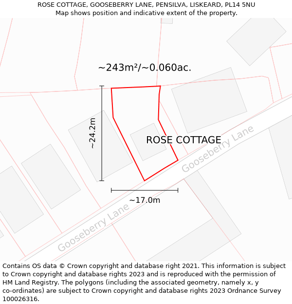 ROSE COTTAGE, GOOSEBERRY LANE, PENSILVA, LISKEARD, PL14 5NU: Plot and title map