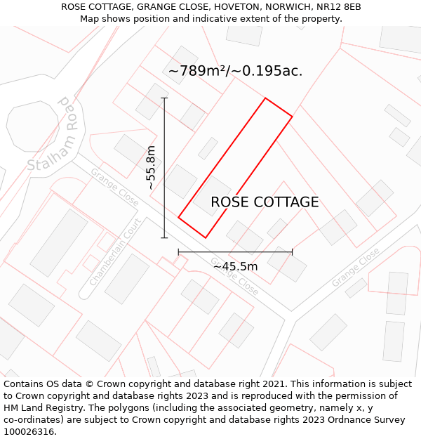 ROSE COTTAGE, GRANGE CLOSE, HOVETON, NORWICH, NR12 8EB: Plot and title map