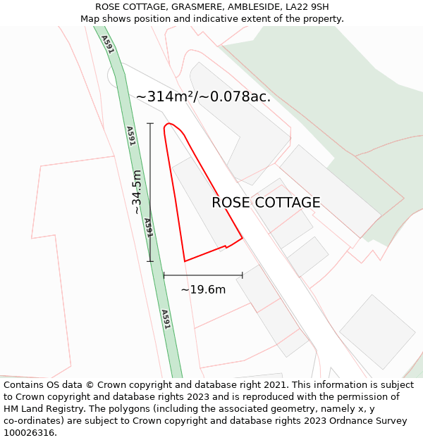 ROSE COTTAGE, GRASMERE, AMBLESIDE, LA22 9SH: Plot and title map