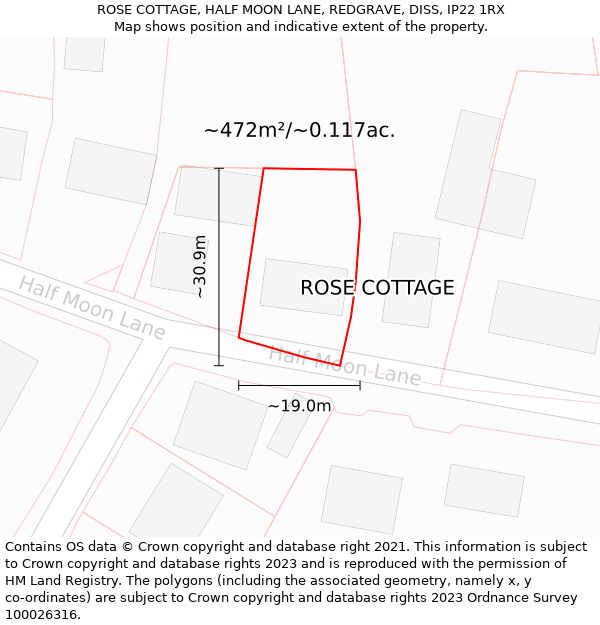 ROSE COTTAGE, HALF MOON LANE, REDGRAVE, DISS, IP22 1RX: Plot and title map