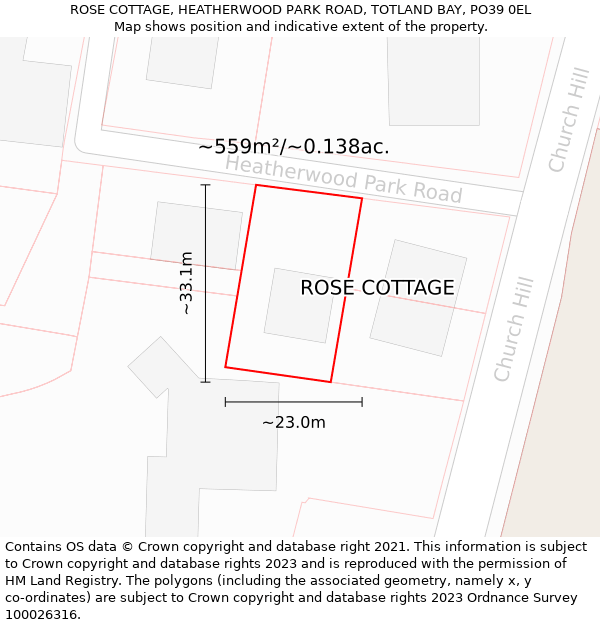 ROSE COTTAGE, HEATHERWOOD PARK ROAD, TOTLAND BAY, PO39 0EL: Plot and title map