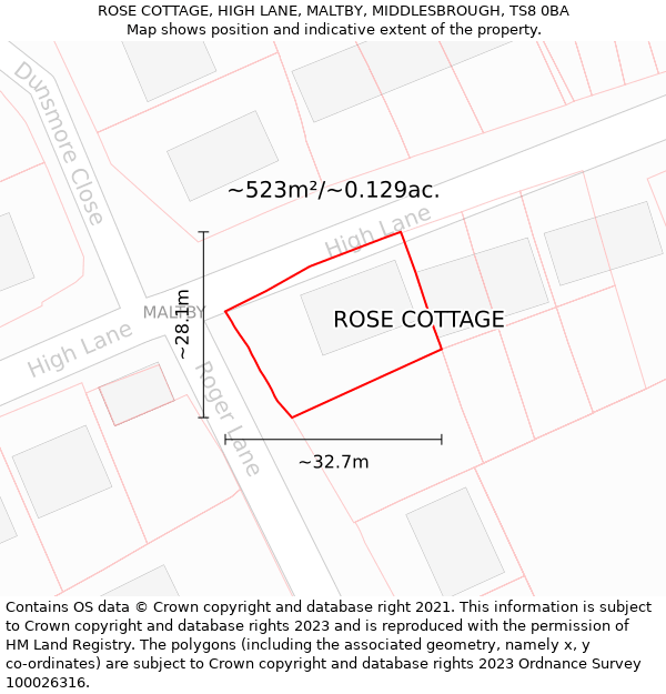 ROSE COTTAGE, HIGH LANE, MALTBY, MIDDLESBROUGH, TS8 0BA: Plot and title map