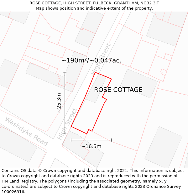 ROSE COTTAGE, HIGH STREET, FULBECK, GRANTHAM, NG32 3JT: Plot and title map