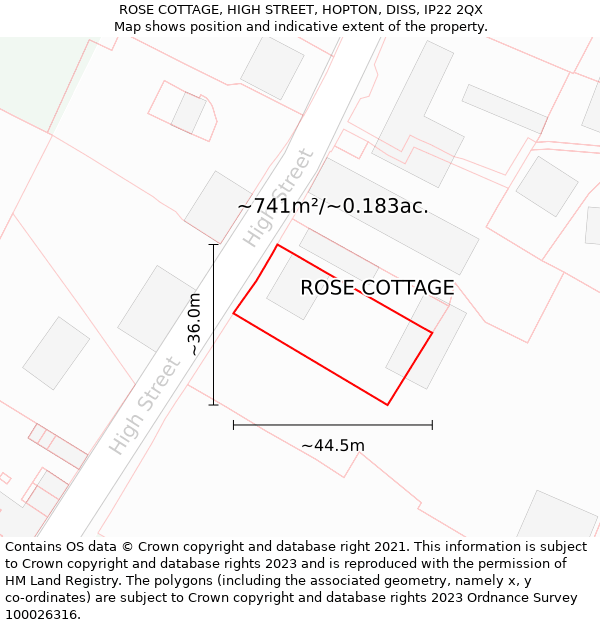 ROSE COTTAGE, HIGH STREET, HOPTON, DISS, IP22 2QX: Plot and title map