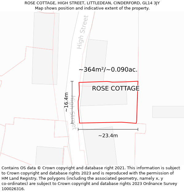 ROSE COTTAGE, HIGH STREET, LITTLEDEAN, CINDERFORD, GL14 3JY: Plot and title map