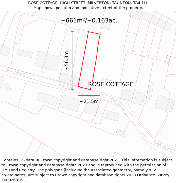 ROSE COTTAGE, HIGH STREET, MILVERTON, TAUNTON, TA4 1LL: Plot and title map