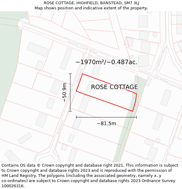 ROSE COTTAGE, HIGHFIELD, BANSTEAD, SM7 3LJ: Plot and title map