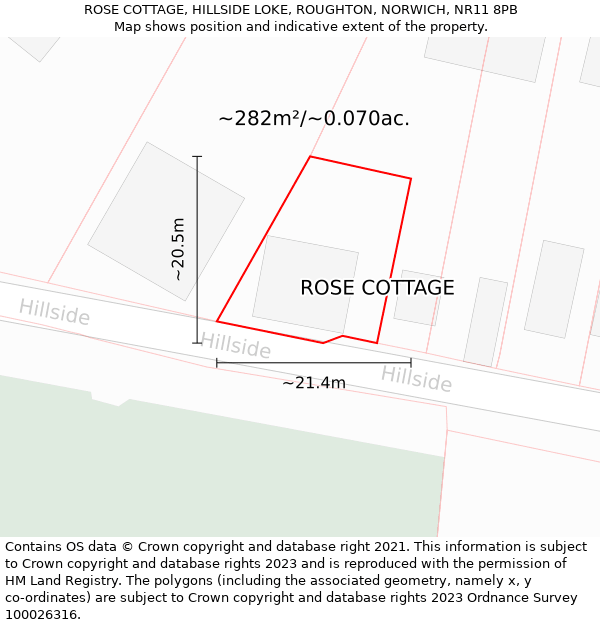 ROSE COTTAGE, HILLSIDE LOKE, ROUGHTON, NORWICH, NR11 8PB: Plot and title map