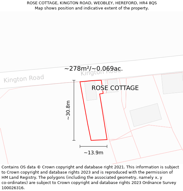 ROSE COTTAGE, KINGTON ROAD, WEOBLEY, HEREFORD, HR4 8QS: Plot and title map
