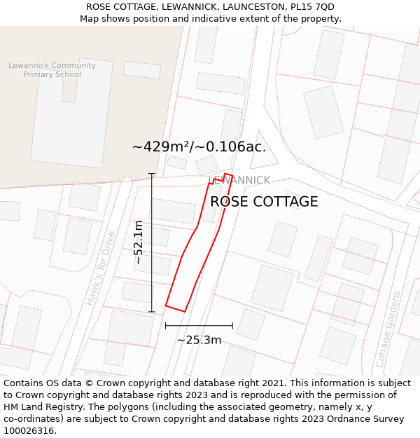 ROSE COTTAGE, LEWANNICK, LAUNCESTON, PL15 7QD: Plot and title map