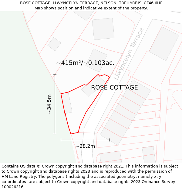 ROSE COTTAGE, LLWYNCELYN TERRACE, NELSON, TREHARRIS, CF46 6HF: Plot and title map