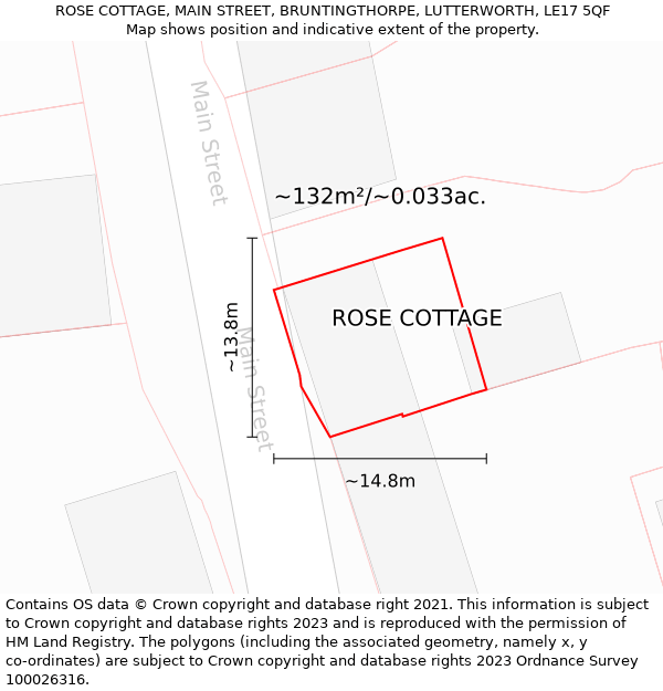 ROSE COTTAGE, MAIN STREET, BRUNTINGTHORPE, LUTTERWORTH, LE17 5QF: Plot and title map