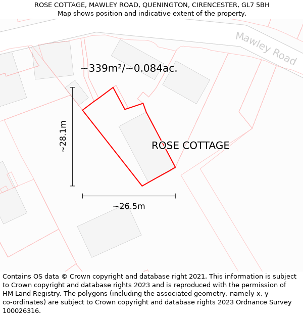 ROSE COTTAGE, MAWLEY ROAD, QUENINGTON, CIRENCESTER, GL7 5BH: Plot and title map